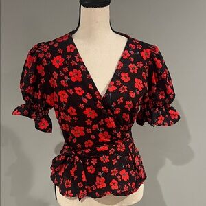 Elegant Floral Wrap Blouse - Red and Black